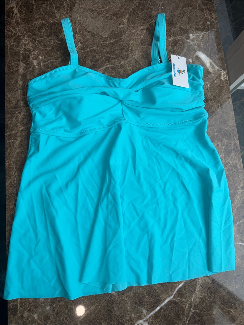 Bright Turquoise Twist-Front Swimdress with Adjustable Straps
